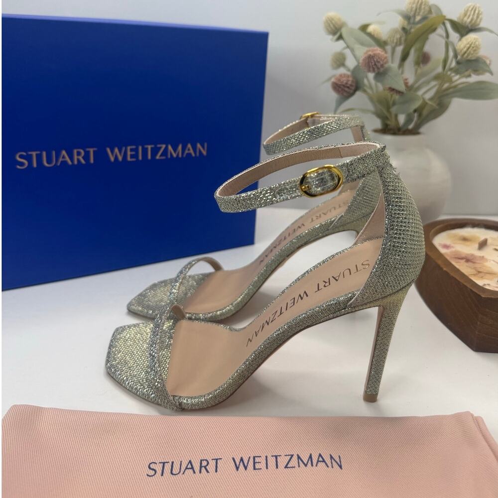 Stuart Weitzman Nudistcurve 100Sanda Ankle Strap Sandal Platino Women 7B